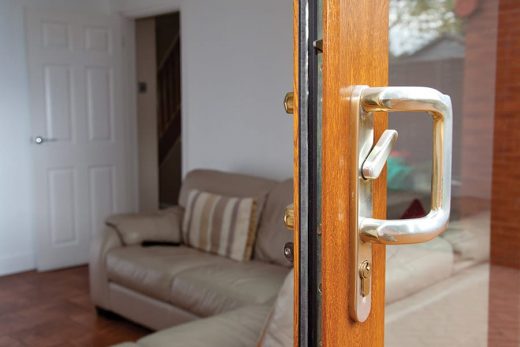 Close up of a golden oak effect uPVC patio door